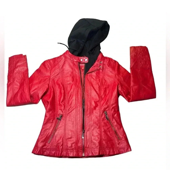 Guess Los Angelos faux leather coat jacket rock band concert zip warm hoody red - Picture 1 of 7